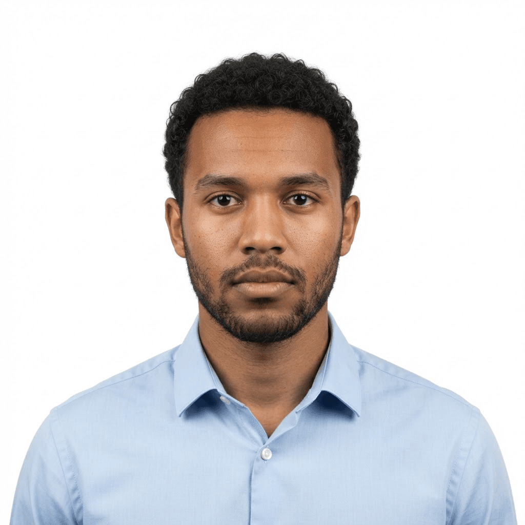 Passport photo sample of a man in a collared shirt