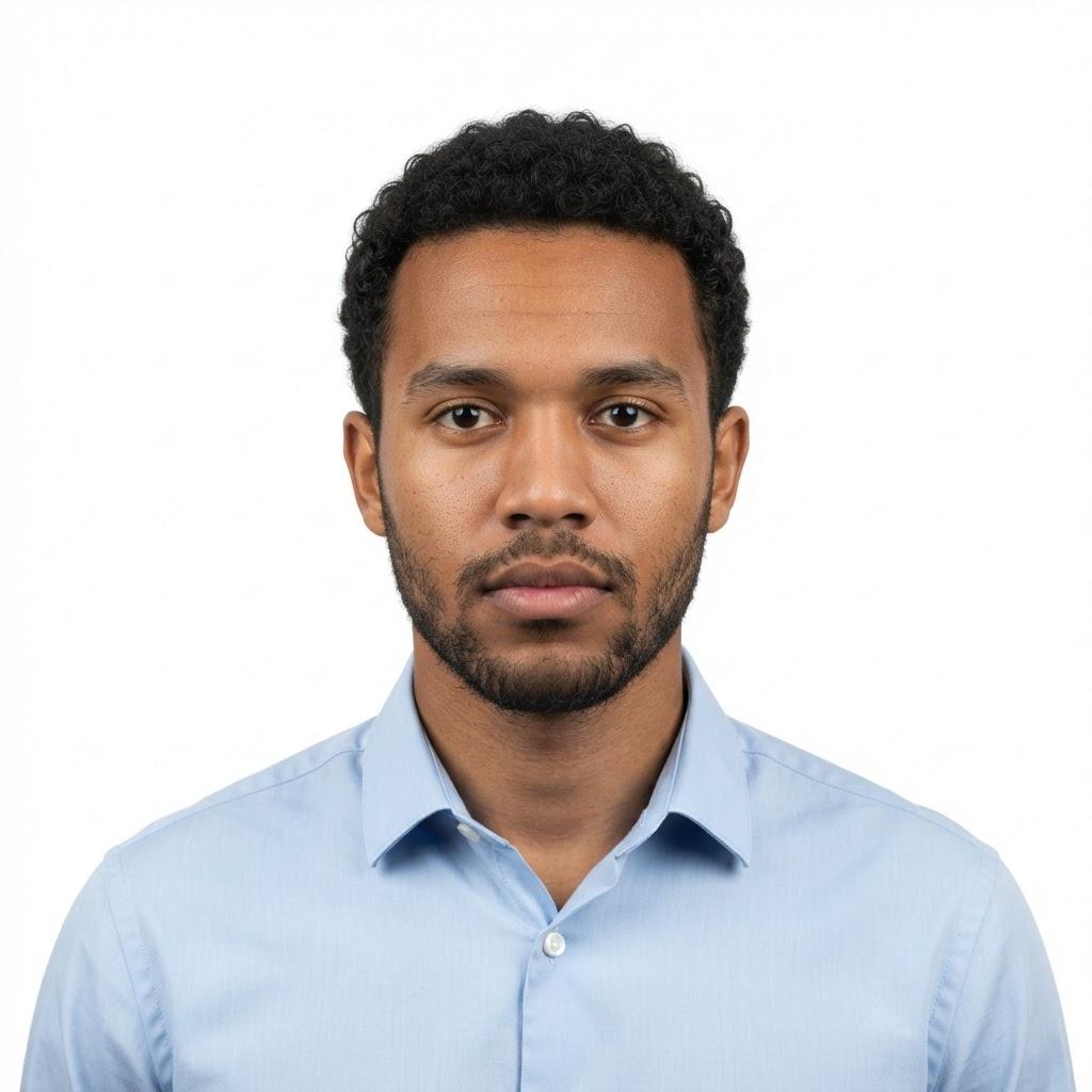 Passport photo sample of a man in a collared shirt